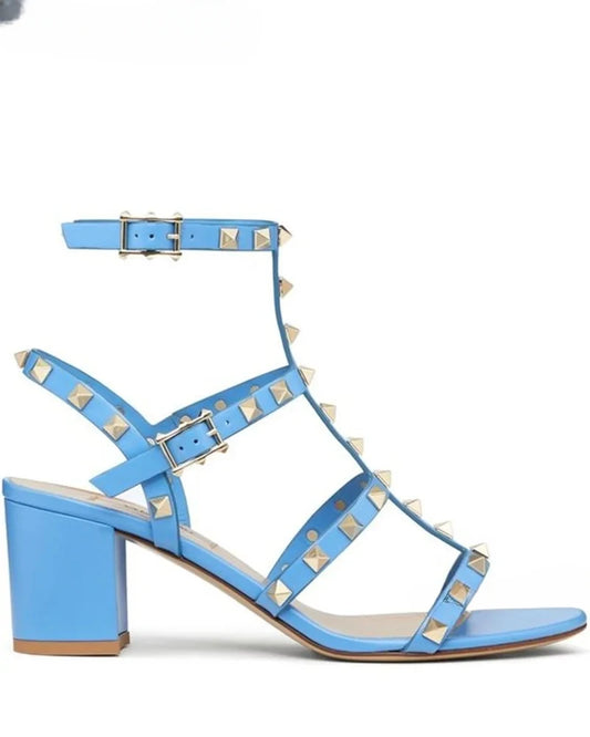 Rockstud Open Toe Block Heel Sandals Luxury Designer Ankle Straps Chunky Heels Women Summer Colorful Leather Pumps Dress Shoes