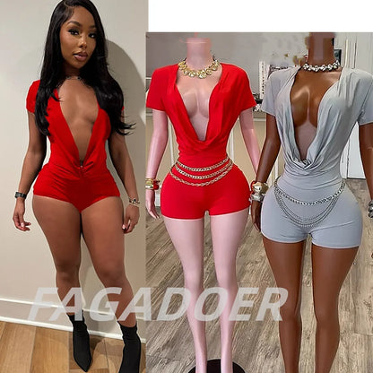 FAGADOER Sexy Solid Color Bodycon Jumpsuits for Woman Deep V-neck Short Sleeve One Piece Rompers Female Streetwear Overalls New