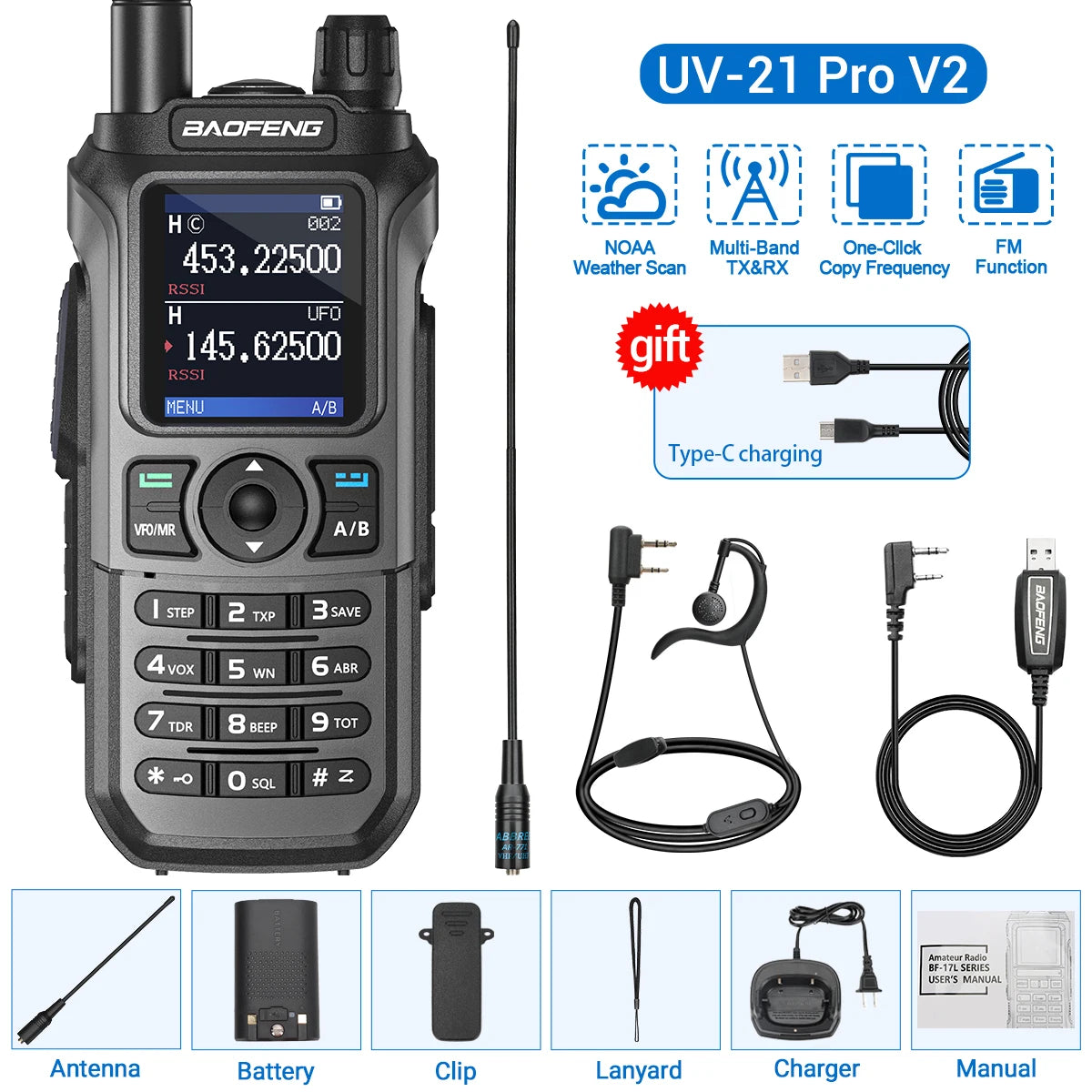 Baofeng UV-21 Pro Walkie Talkie V2 Multi-band Wireless Copy Frequency Waterproof Long Range Type-C Two Way Radio For Camping