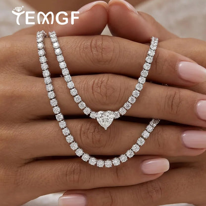 Heart Pendant 2mm Moissanite Tennis Necklace Certified 925 Sterling Silver Wedding Jewelry Riviera Choker Necklace Gift for Her