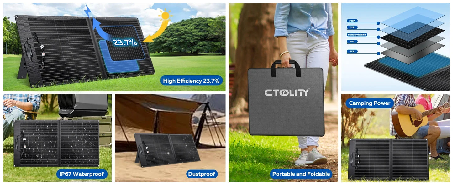 CTOLITY 100W-200W Foldable Solar Panel 22% Efficiency Portable Solar Charger for Camping Home Energy Storage Power Station