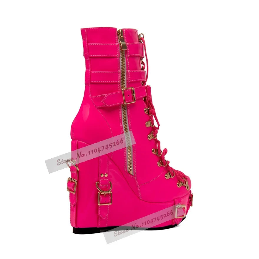 Fuchsia Patent Leather Wedged Lace-Up Ankle Boots Green Buckle Straps Metal Decor Booties Hgih Platform Pocket Nightclub Shoes