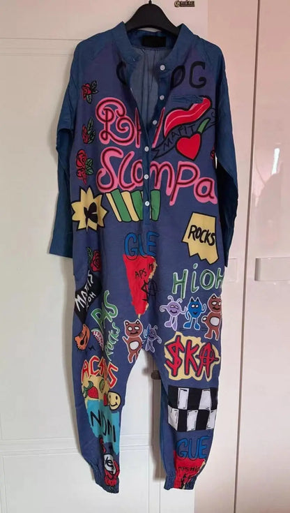 New Women Cartoon Graffiti Printing One Piece Overalls Mandarin Collar Short Sleeve Jumpsuit Hip Hop Design Rompers Baggy Pants