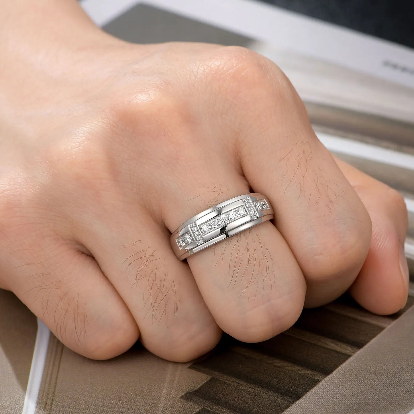 Newshe Elegant Men's Moissanite Rings GRA Certified Wedding Band 925 Sterling Silver Half Eternity Round Engagement Ring