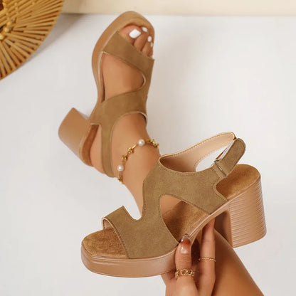 High Heeled Sandals Women's 2025 Summer Thick Heeled Platform Sandals Women's Fishmouth One-Word Buckle One-Word Gladiator Shoes