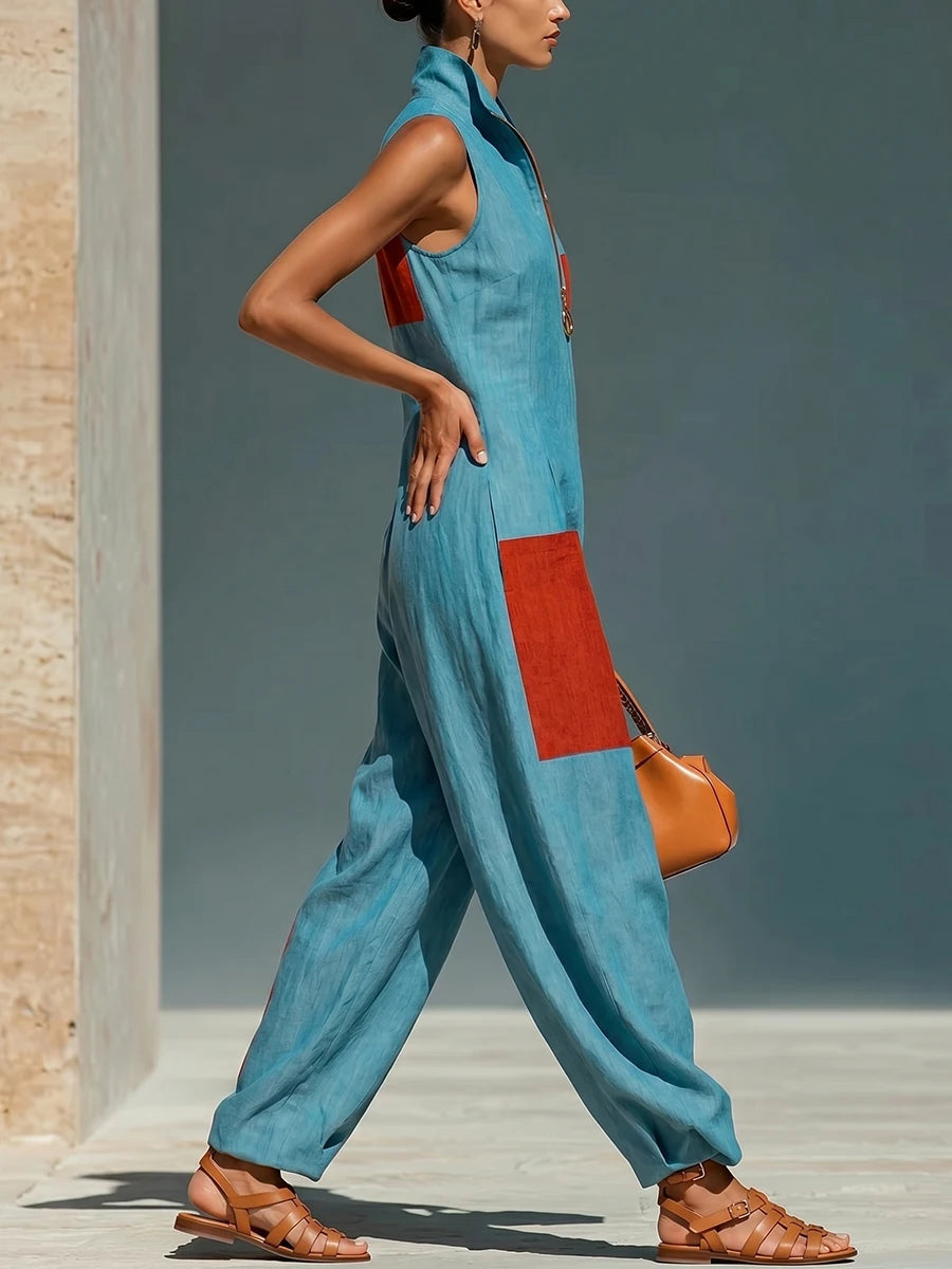 Modigirl Women Contrast Color Lapel Jumpsuit Sleeveless Wide Leg Loose Pocketed Casual Outfits Women's Jumpsuits woman clothes