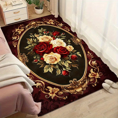 Retro Floral Area Rug Luxury Red White Rose Design Floor Mat for Entryway Bedroom Living Room Non-Patchwork Large Size Carpet