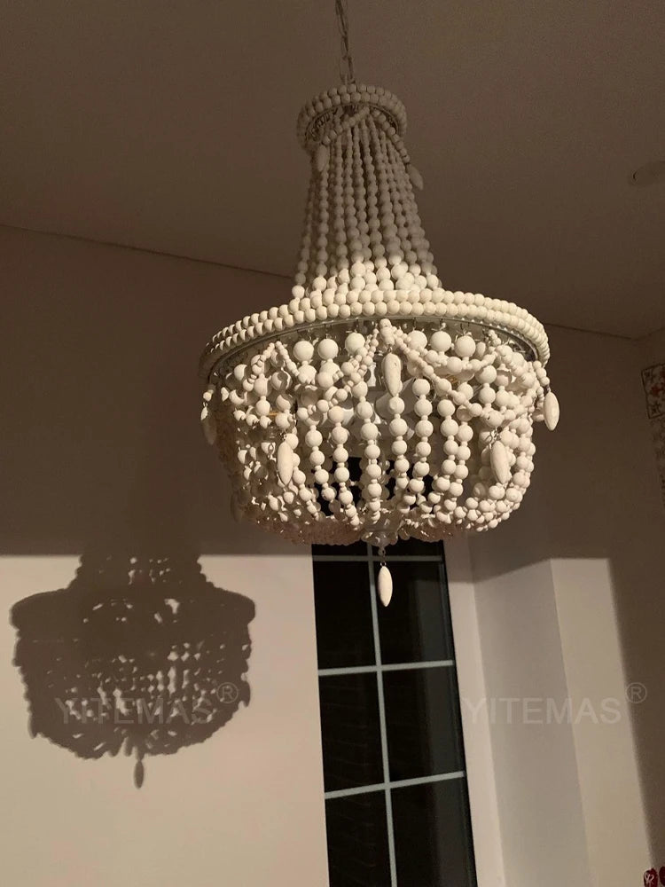 French Country white wood Bead Chandelier dining room bedroom princess Decorative chandelier 3/5 lights hanging light fixture