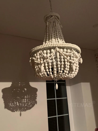 French Country white wood Bead Chandelier dining room bedroom princess Decorative chandelier 3/5 lights hanging light fixture