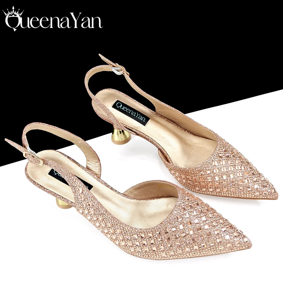 Queena Yan 2026 Italian Design Rhinestone Luxury Navy Blue Pointed Toe Shoe & Bag Set Women High Heels for Parties High Quality