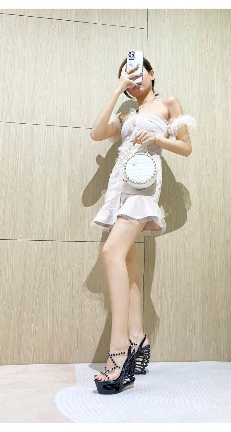 Voesnees Summer New Hollow Out Wedge Women's Pumps Shiny Sequins Fashion Party Shoes Club Heels Transparent Narrow Belt Sandals