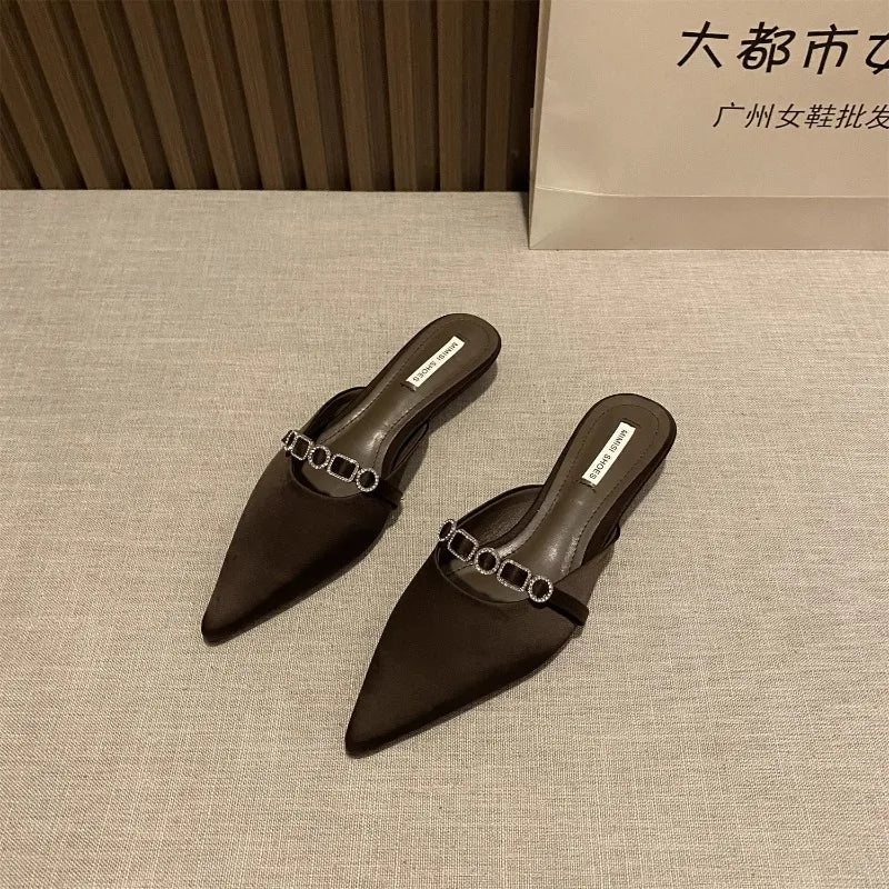 2025 New Luxury Fashion Rhinestones Ladies Heeled Slippers Sandals Shoes Female Low Heel Slides Slippers Shoes for Women Mules
