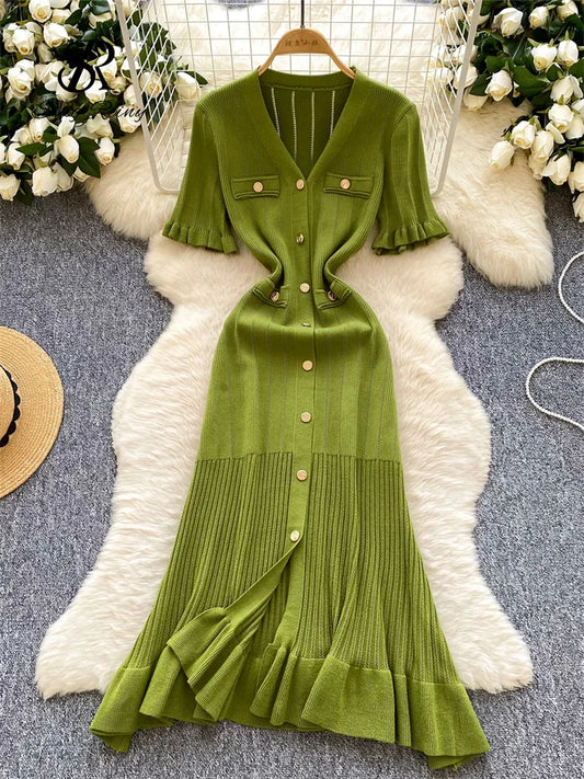 SINGREINY Summer OL Knit Dress 2025 Women V Neck Button Design Slim Mermaid Sundress Fashion Elastic Solid Bohemian Long Dress