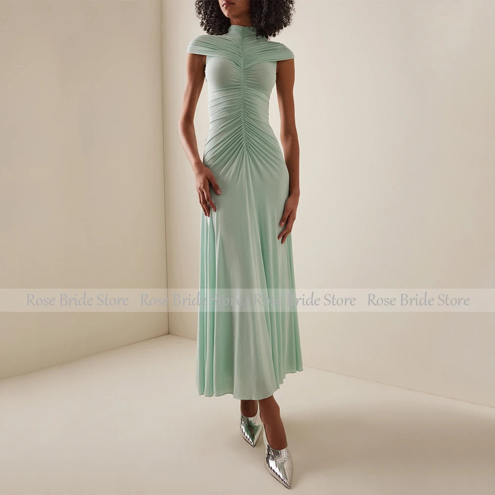 Mint Formal Party Dress Maxi Pleated Spandex Tulle High Collar Mermaid Evening Gowns for Women Cap Sleeve Ankle Length Prom Gown