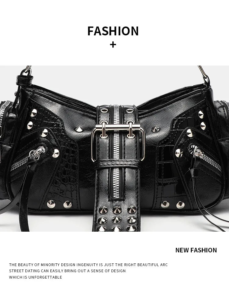 Women's Y2k Punk Vintage Shoulder Purse PU Leather Gothic Rivet Handbag Waist Bag Luxury Black Cross Body Bags with Spikes