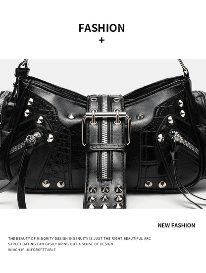 Women's Y2k Punk Vintage Shoulder Purse PU Leather Gothic Rivet Handbag Waist Bag Luxury Black Cross Body Bags with Spikes