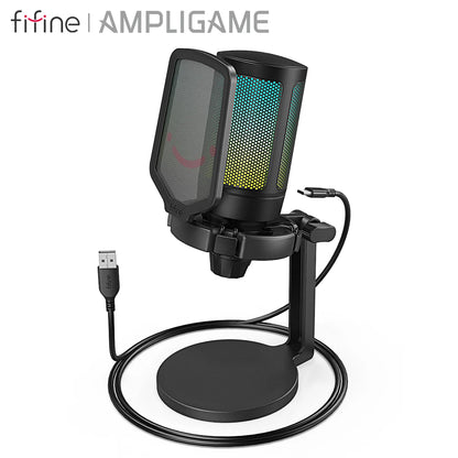 FIFINE AmpliGame Gaming Microphone with Shock Mount,Gain Knob,Touch-mute,Streaming Podcast Condenser Mic for PC,Switch,PS5-A6NEO