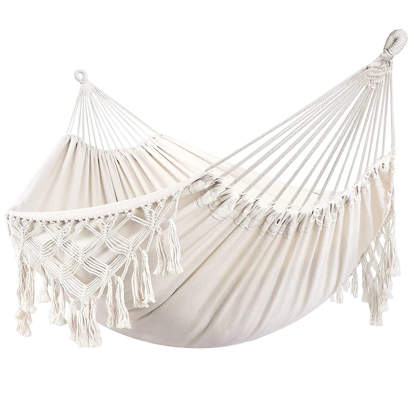 Macrame Fringe Hammock Boho Balcony Hammock Handmade Tassels Hammock 2 Person Double Hammock for Home Outdoor Backyard Beach