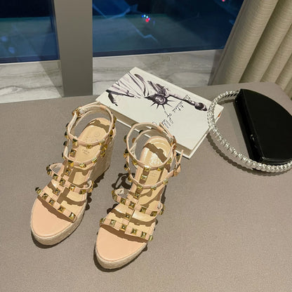Rivet Wedges Women Sandals Open Toe Ankle Buckle Strap Ladies Platform Wedges Sandals High Heels Roman Rattan Grass Woven Shoes