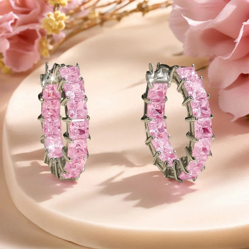 Princess Square Cubic Zirconia Hoop Earrings Luxury Trendy Ear Circle Earrings for Women Fashion Versatile Female Jewelry Gifts