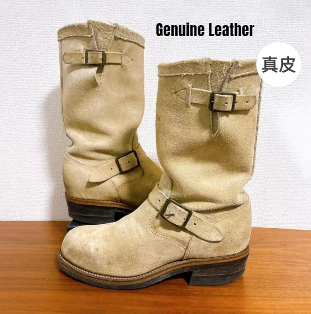 Handmade Vintage Velvet Khaki Work Boots Men's American Style Mid-Calf Retro Thick Bottom Belt Buckle Motobike Leather Boots
