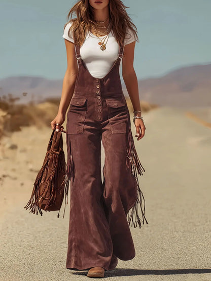 Western Vintage Solid Suede Tassel Female Jumpsuit Fashion Hollow Out Button Overalls 2026 Spring Strappy Bodysuit Woman Rompers