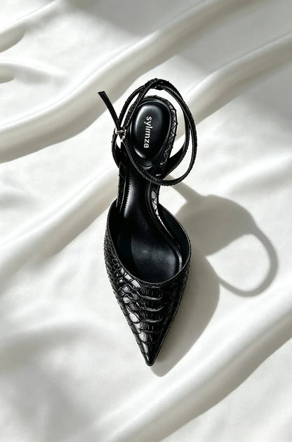 Black Embossed Upper Slingback Pumps Women Sexy Pointed-Toe Ankle-Strap Buckle Kitten-Heel Sandals Luxury Brand Designer Shoes