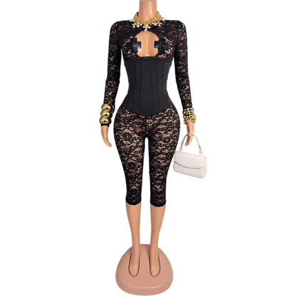 FAGADOER Sexy Lace See Through Corset Jumpsuit Women Hollowed-out Long Sleeve Bodycon Capri Pants Clubwear Night Party Outfit