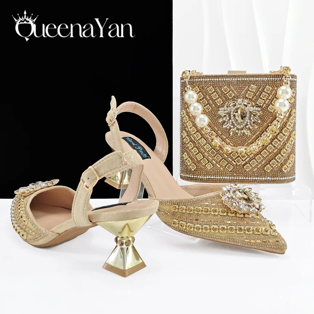 Queena Yan 2025 Italian Style Pointed Toe Rhinestone High Heels and Gold Wedge Bag Set - Elegant Ladies Party Women Shoes Heel
