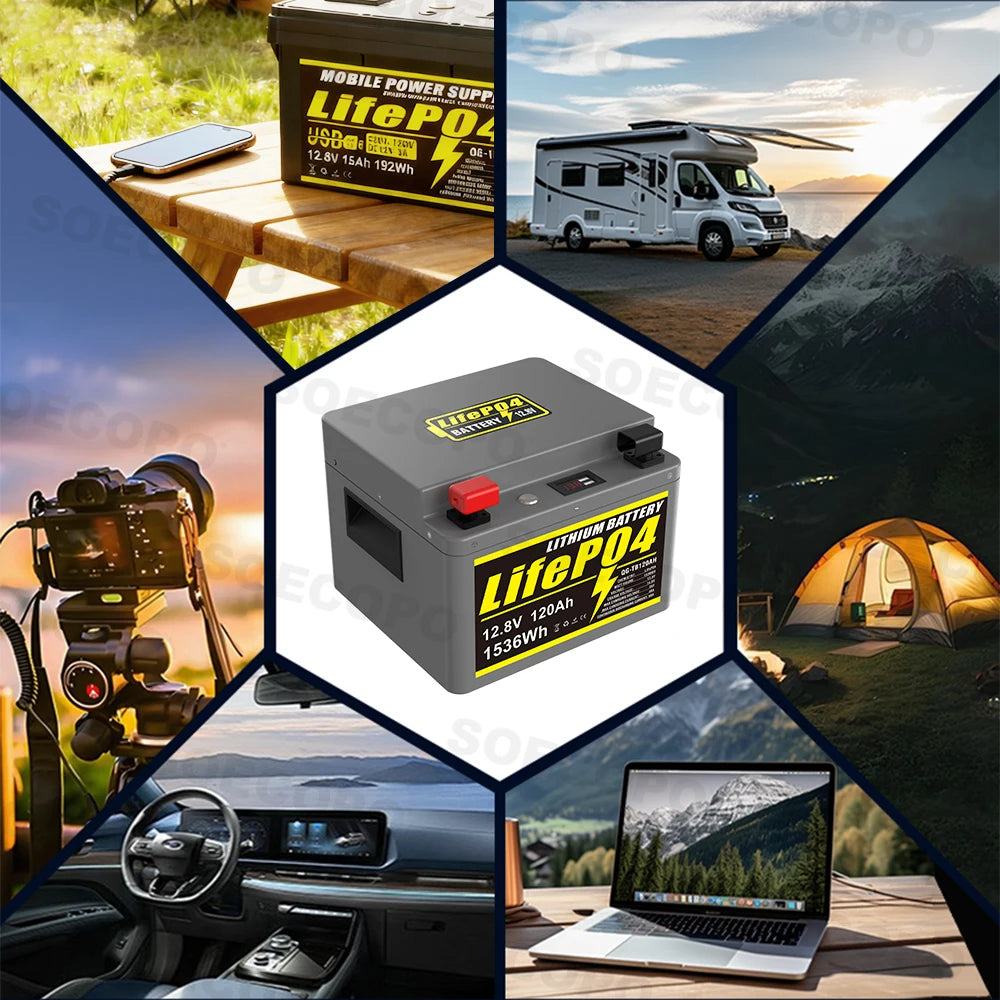 SOECOPO 12V 120Ah Portable LiFePO4 Battery 1536Wh LCD Screen USB Output for Home Camping Fishing Trolling Motor Power Bank
