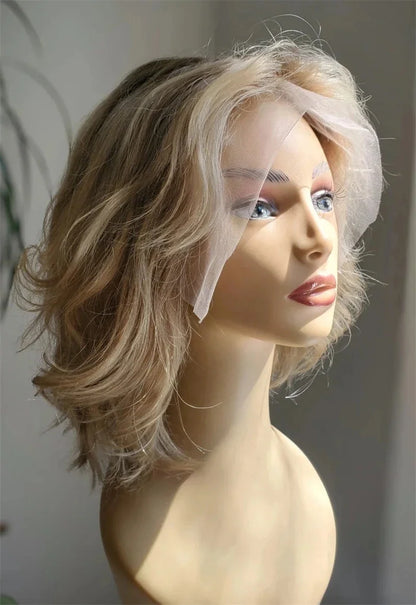Synthetic Lace Front Wig Short Wavy Bob Wig for Women Blonde Highlights Glueless HD 13X4 Lace Front Wig Pre Plucked Middle Part
