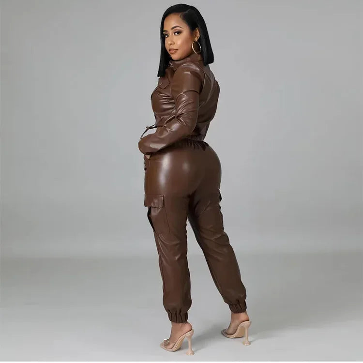Women Jacket Sets 2 Piece Long Sleeved Slim PU Leather Gripped Pants Set Solid Zipper Fly Pencil Pants Slim Fit High Street Suit