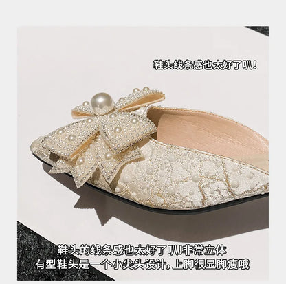 Summer New Shoes for Women Luxury Slipper Outdoor Pointed Toe Pearl Casual Sandals Girl Four Leaf Clover Flat Mules Slides