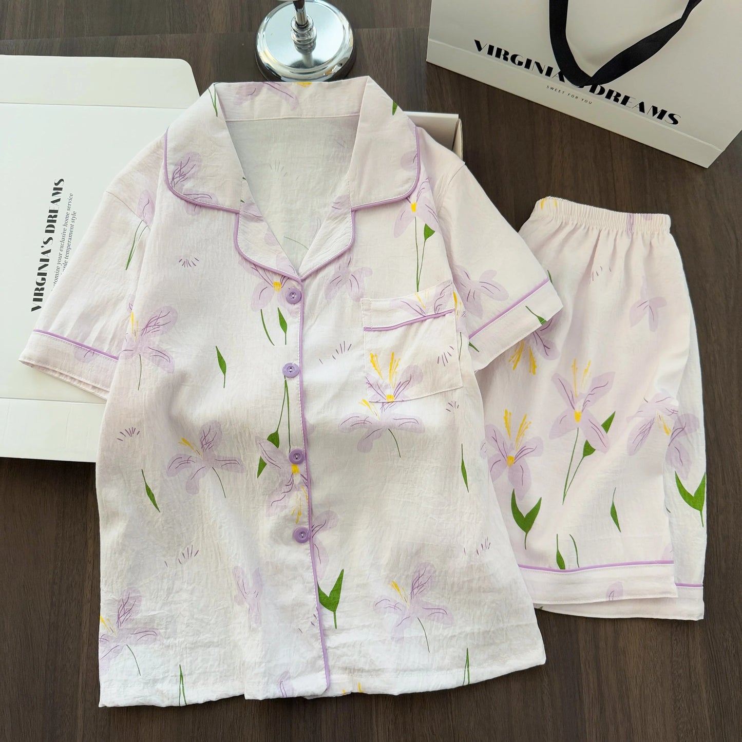Women Summer Lapel Open Front Pajama Set Short Sleeve Top Shorts, Sweet Ins Teen Loungewear, Casual Daily Outdoor Home Wear Suit