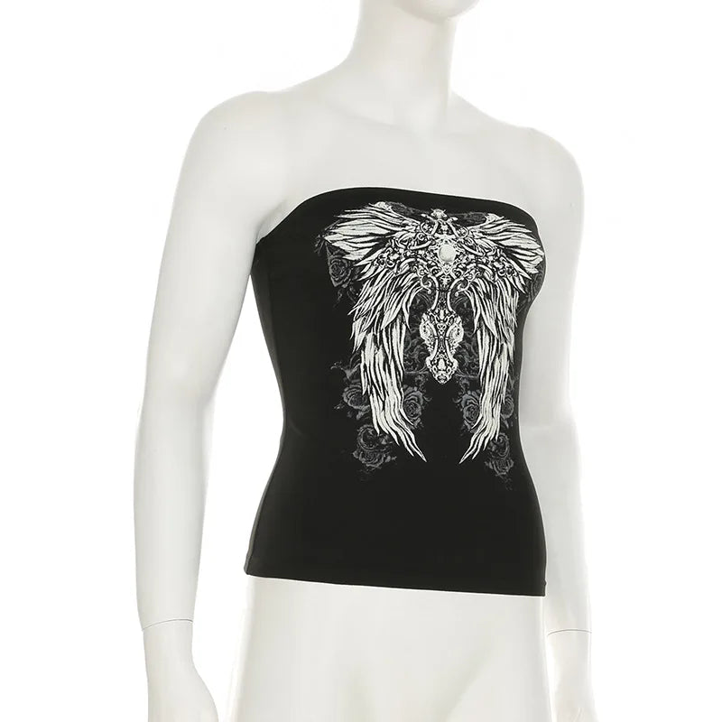 Gothic Print Black Strapless Tube Top Women Skinny Cropped Summer Casual Chic Graphic Tee Y2K Streetwear Basic Vest