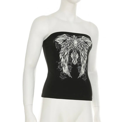 Gothic Print Black Strapless Tube Top Women Skinny Cropped Summer Casual Chic Graphic Tee Y2K Streetwear Basic Vest