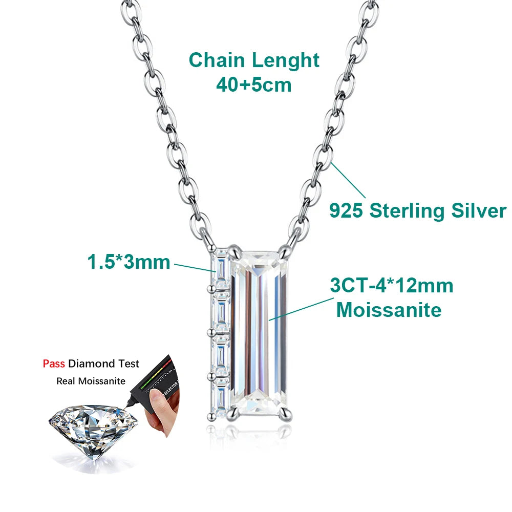 3CT Baguette Cut Moissanite Pendant Necklace for Women S925 Silver Plated 18K Lab Diamond Adjustable Chain Trendy Neck Jewelry