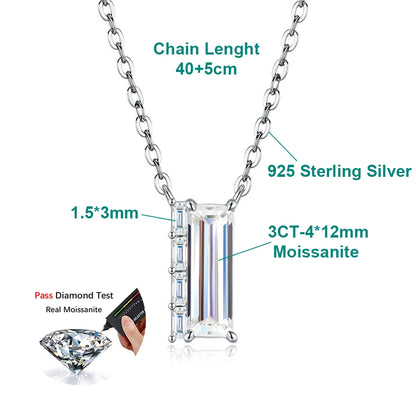3CT Baguette Cut Moissanite Pendant Necklace for Women S925 Silver Plated 18K Lab Diamond Adjustable Chain Trendy Neck Jewelry