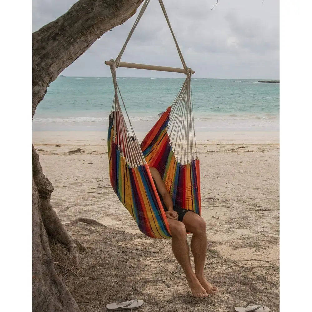 Brazilian-Made Rainbow Hammock Chair: Cotton-Polyester Blend, Suitable for Indoor and Outdoor Use, Supports Up to 240lbs