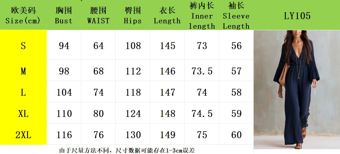 Women Sexy Deep V Neck Flare Sleeve Jumpsuits Spring Autumn Solid Crinkle High Waist Loose Casual Holiday Wide Leg Pants Romper
