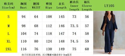 Women Sexy Deep V Neck Flare Sleeve Jumpsuits Spring Autumn Solid Crinkle High Waist Loose Casual Holiday Wide Leg Pants Romper