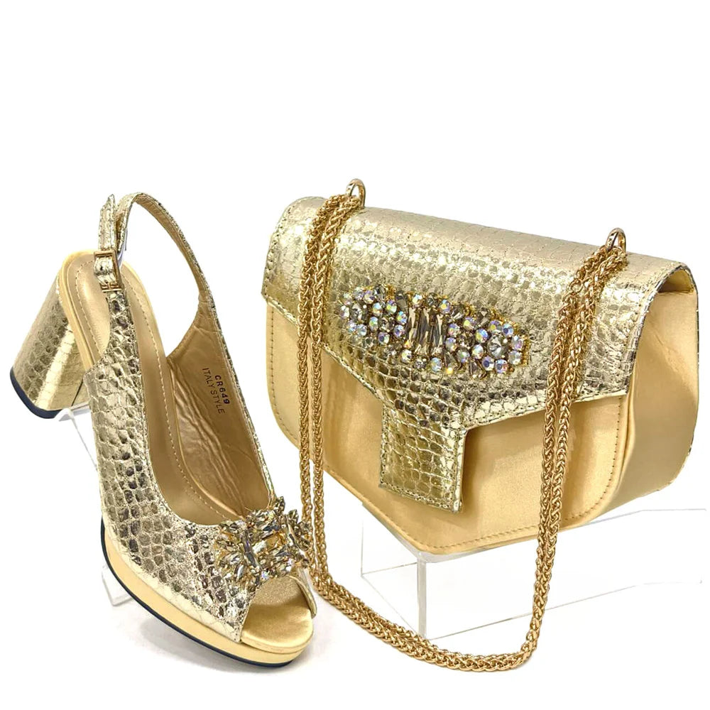2024 Italian Design Rhinestone-encrusted Ladies Party Shoes And Special Bag High Heels And Dual Purpose Bag Women's Shoes