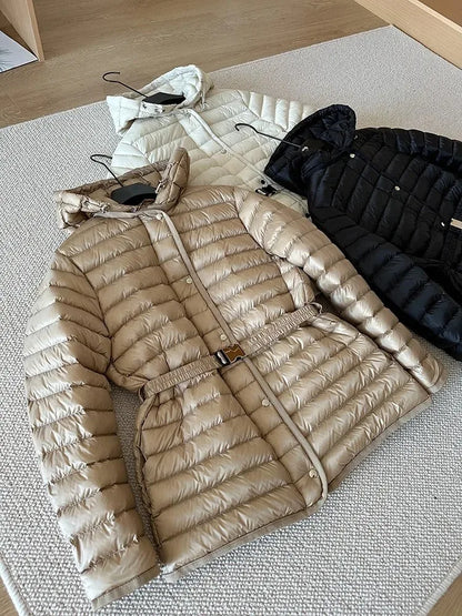 2025 Autumn Winter Luxury Lightweight Short Slim 90% White Duck Down Jacket Women Hooded Detachable Sash Warm Down Coat Fashion