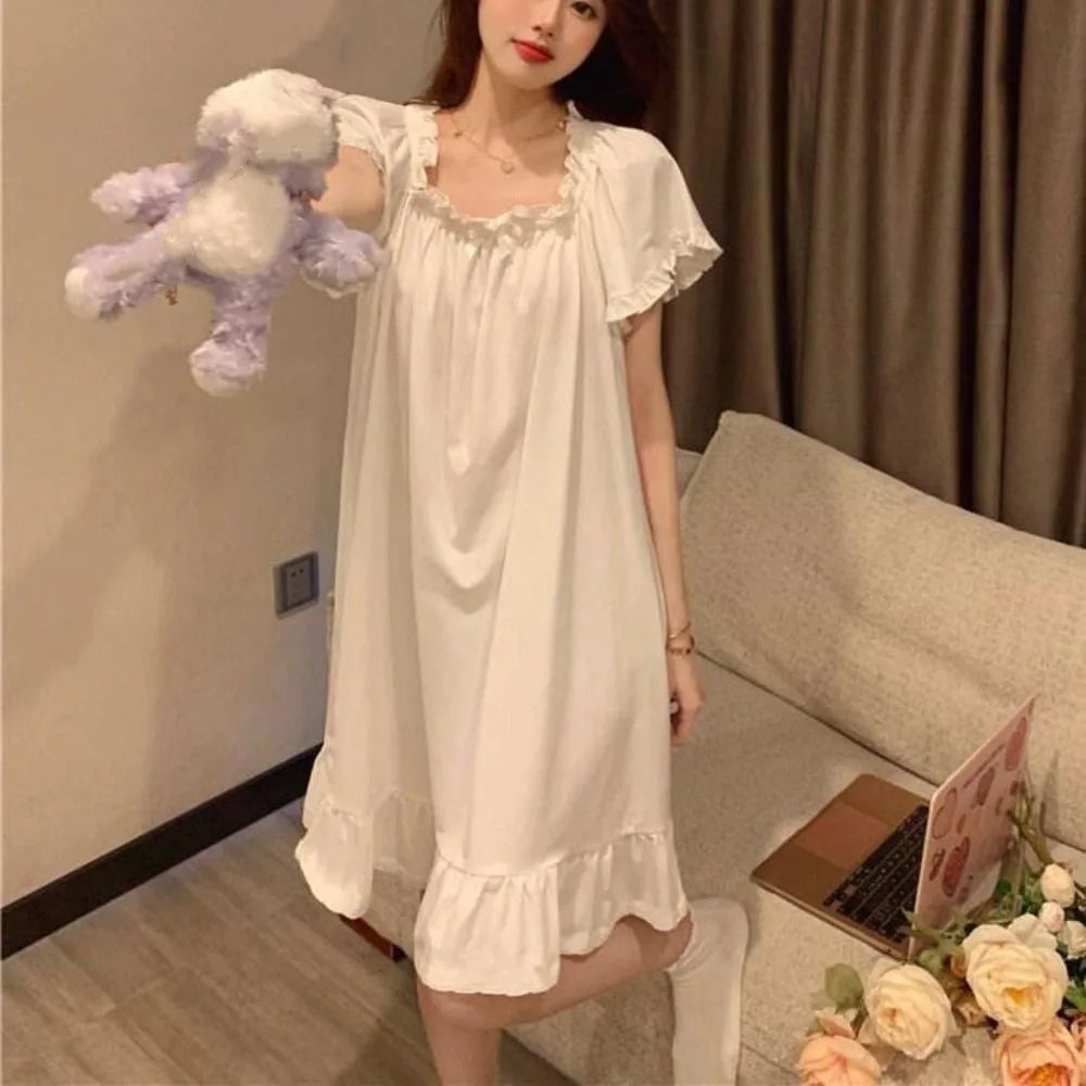 Casual Bowknot Women's Pajama Dress Short Sleeve Loose Ruffle Nightdress Home Wear Sleepwear Princess Nightgown Female