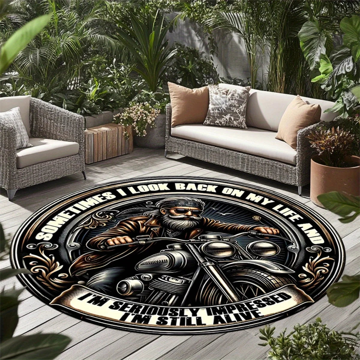 Biker Quote Print Flannel Round Rug Motorcycle Art Design Cool Man Theme Decor Soft Floor Mat For Garage Patio Outdoor