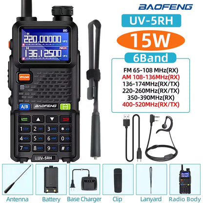 Baofeng UV5RH Handheld Walkie Talkie 15W 6000mAh Six Band Wireless Replication Frequency 999CH Supports Type-C Charging HAM 10km