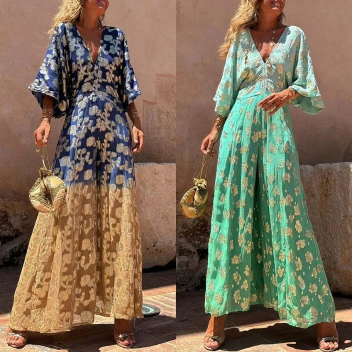 Fashion Gradient Print Jumpsuits Women Sexy V-neck Backless Leace-up Loose Slit Wide Legs Jumpsuit Female Trendy Streetwear New