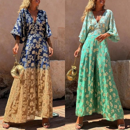 Fashion Gradient Print Jumpsuits Women Sexy V-neck Backless Leace-up Loose Slit Wide Legs Jumpsuit Female Trendy Streetwear New