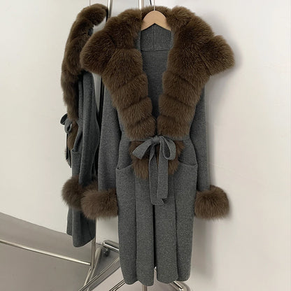 OFTBUY Fashion Warm Belt Real Fox Fur Cardigan New Natural Fur Collar Long Knit Jacket Women Atrumn Winter Top Clothing Female