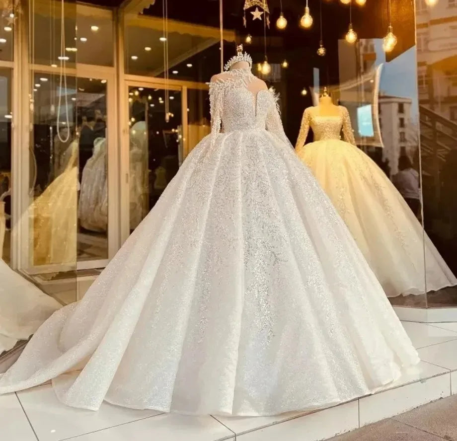 Custom New Arabic Dubai Sparkly Wedding Dress Ball Gown Heavy Pearls Beads Long Sleeves Princess Bride Dresses Vestidos De Noiva